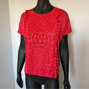 🌿 J.Crew Red Embroidered Front Linen Tee - Size S